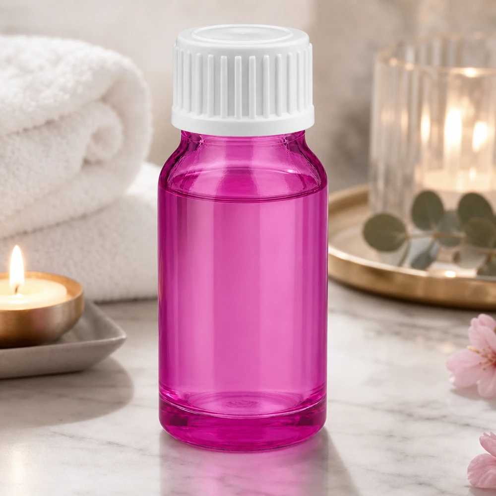 Kompakt 10 ml glasflaska i lila med vitt dropplock för DIY-kosmetik och wellness