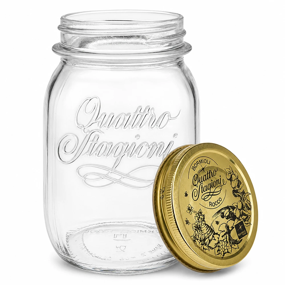 500 ml rund burk "Quattro Stagioni" med lock Italienisches Einmachglas 500ml mit abnehmbarem Deckel Detail-Ansicht für Küche und Vorratshaltung