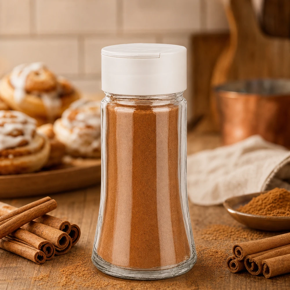 Kryddburk med kanelfyllning, 95 ml, med vit dubbelströare bredvid kanelstänger och kanelbullar