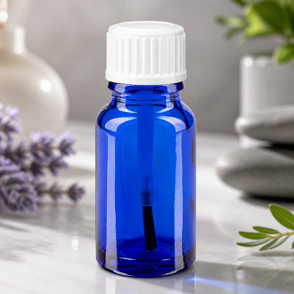 Apoteksflaska blå 10ml skruvlock vit borste Koboltblå 10 ml penselflaska av apotekskvalitetsglas med barnsäker vit kork