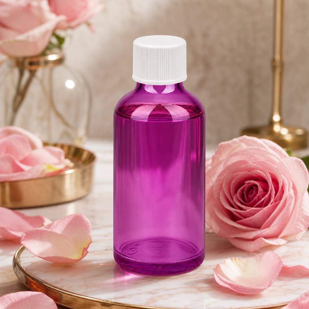Högkvalitativ 50 ml violett glasflaska med standardgänga för UV-skydd av naturkosmetika