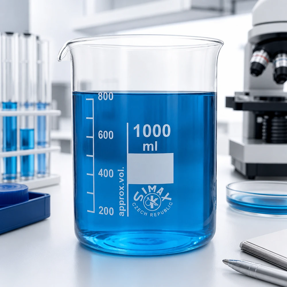 Laboratoriebägare 1000ml borosilikatglas i blå färg för kemiska experiment och analyser