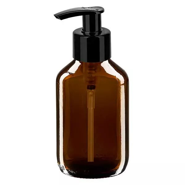 150ml medicinflaska brun, med dispenserpump svart ApoGlas 150ml medicinflaska brun, med dispenserpump svart ApoGlas