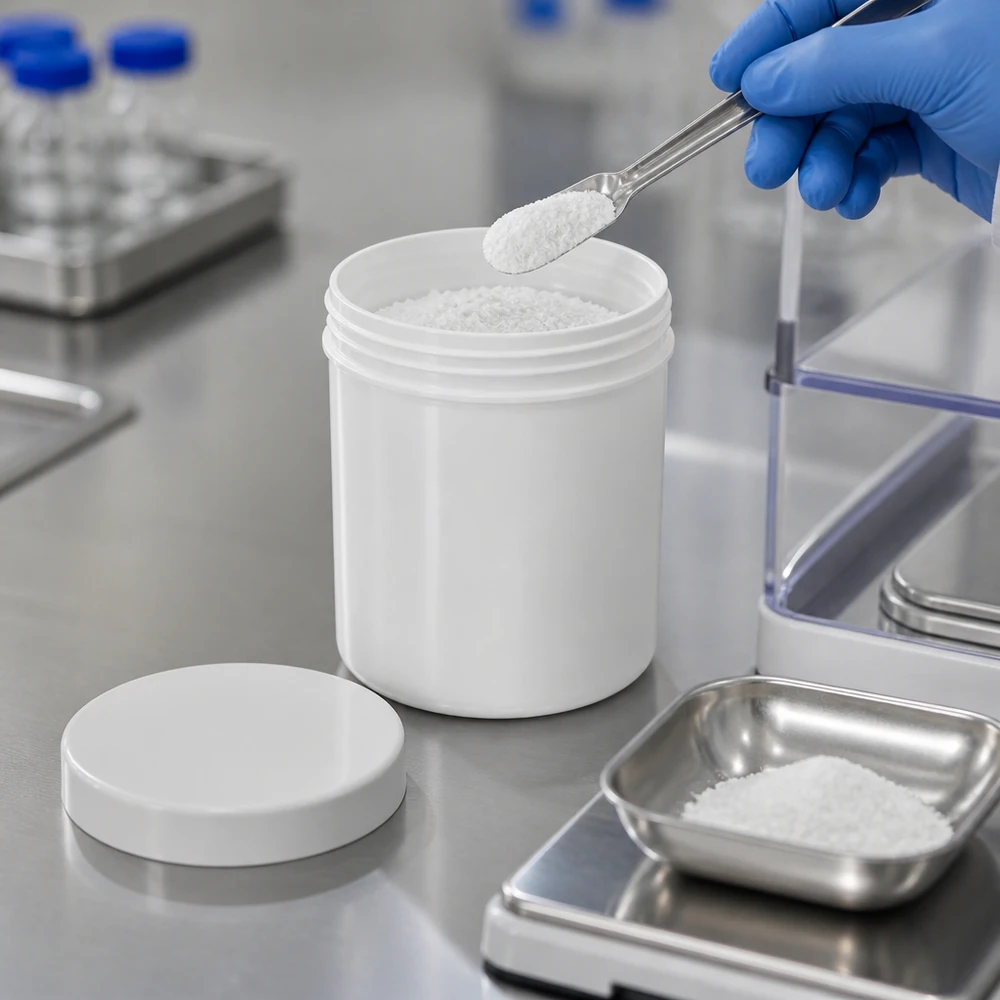 Salvburk 20g vit med vitt skruvlock (polypropylen) Apotekaren fyller en vit PP-plastburk på 20 g med skruvlock med vitt pulver