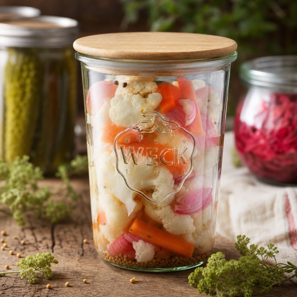 WECK konserveringsburk 850ml RR100 med inlagda grönsaker blomkål morötter lök fermenterad mat trälock