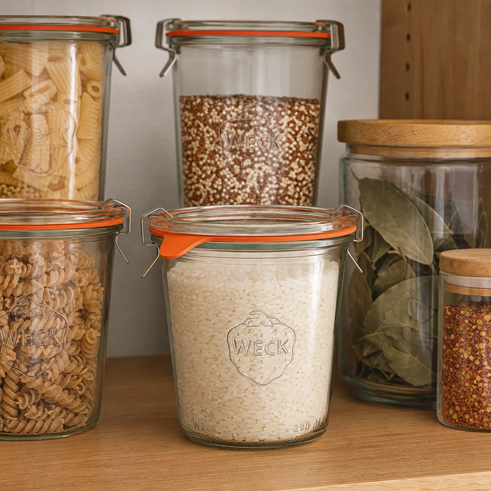 290ml höga Krossade glasögon komplett WECK RR80 WECK tumblers 290ml RR80 för förvaring av ris, pasta och flingor i ett organiserat skafferikök