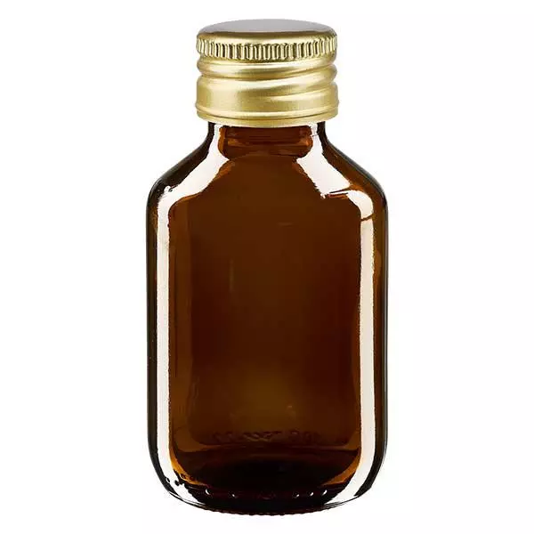 100 ml medicinflaska brun, med guldfärgat aluminiumlock ApoGlas 100 ml medicinflaska brun, med guldfärgat aluminiumlock ApoGlas
