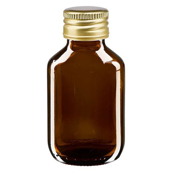 100 ml medicinflaska brun, med guldfärgat aluminiumlock ApoGlas 100 ml medicinflaska brun, med guldfärgat aluminiumlock ApoGlas