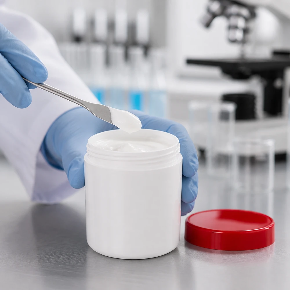 En laboratorieassistent tar ut vit kräm ur en 50 g PP-salvburk med rött skruvlock