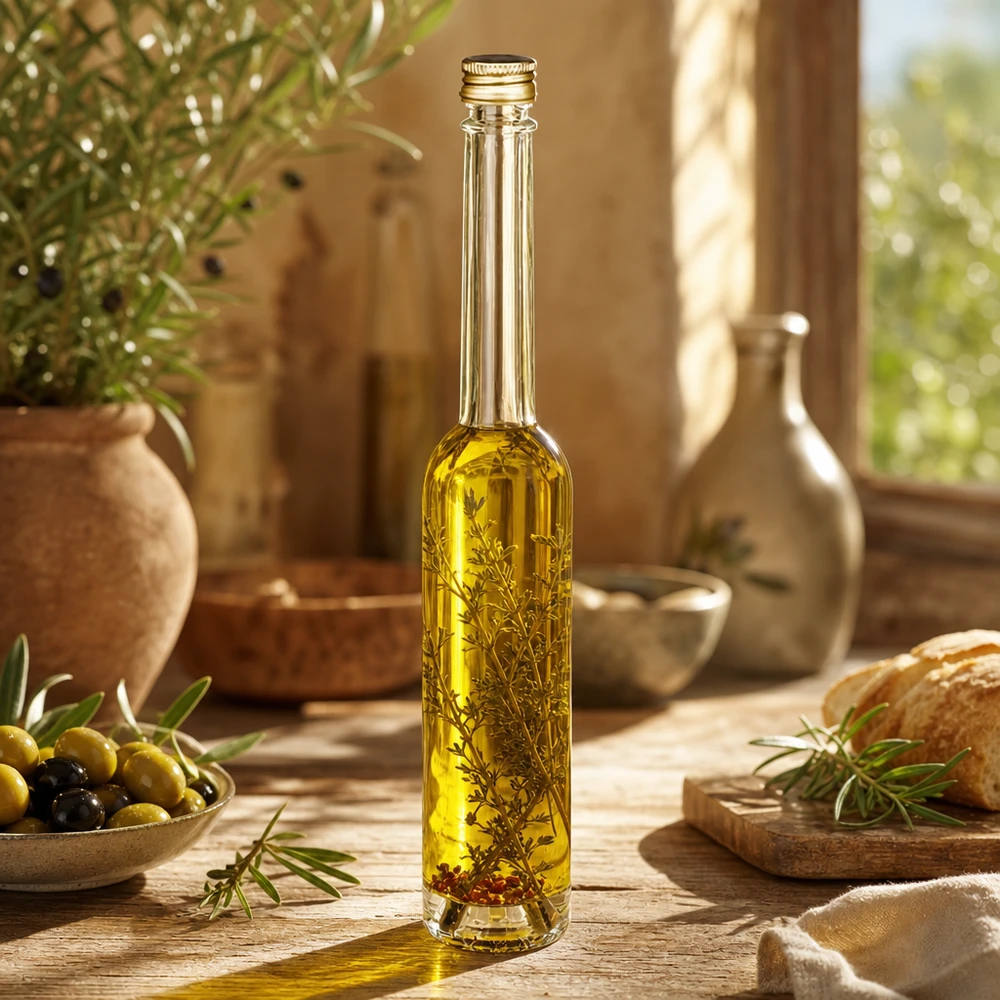 100 ml glasflaska Toni och skruvkork silver UNiTWIST® 100ml Glasflasche Toni mit Olivenöl und Kräutern - UNiTWIST Goldverschluss in mediterraner Küche mit Oliven und Brot