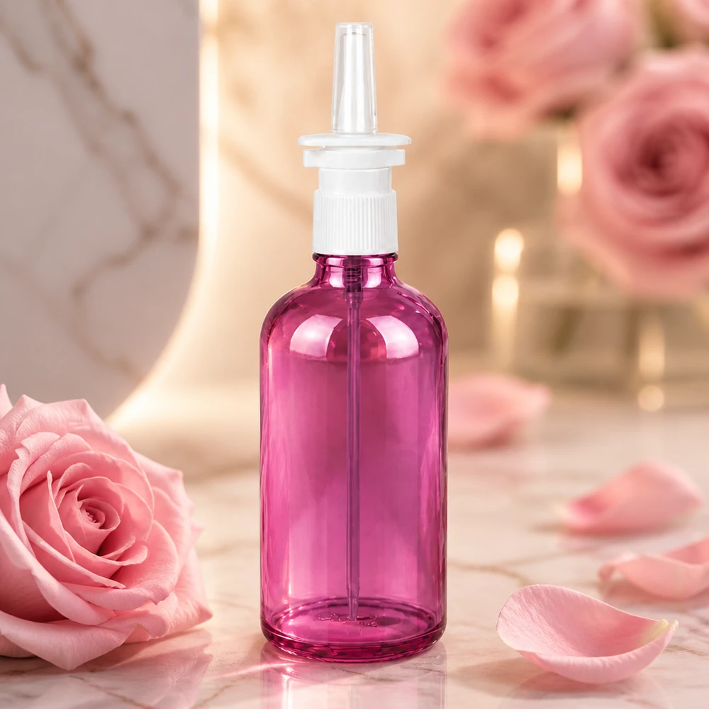 100 ml nässprayflaska vit/transparent standard PurpleLine UT18/100 Lila 100 ml glasflaska med spraypump för nässprayer och medicinska lösningar PurpleLine