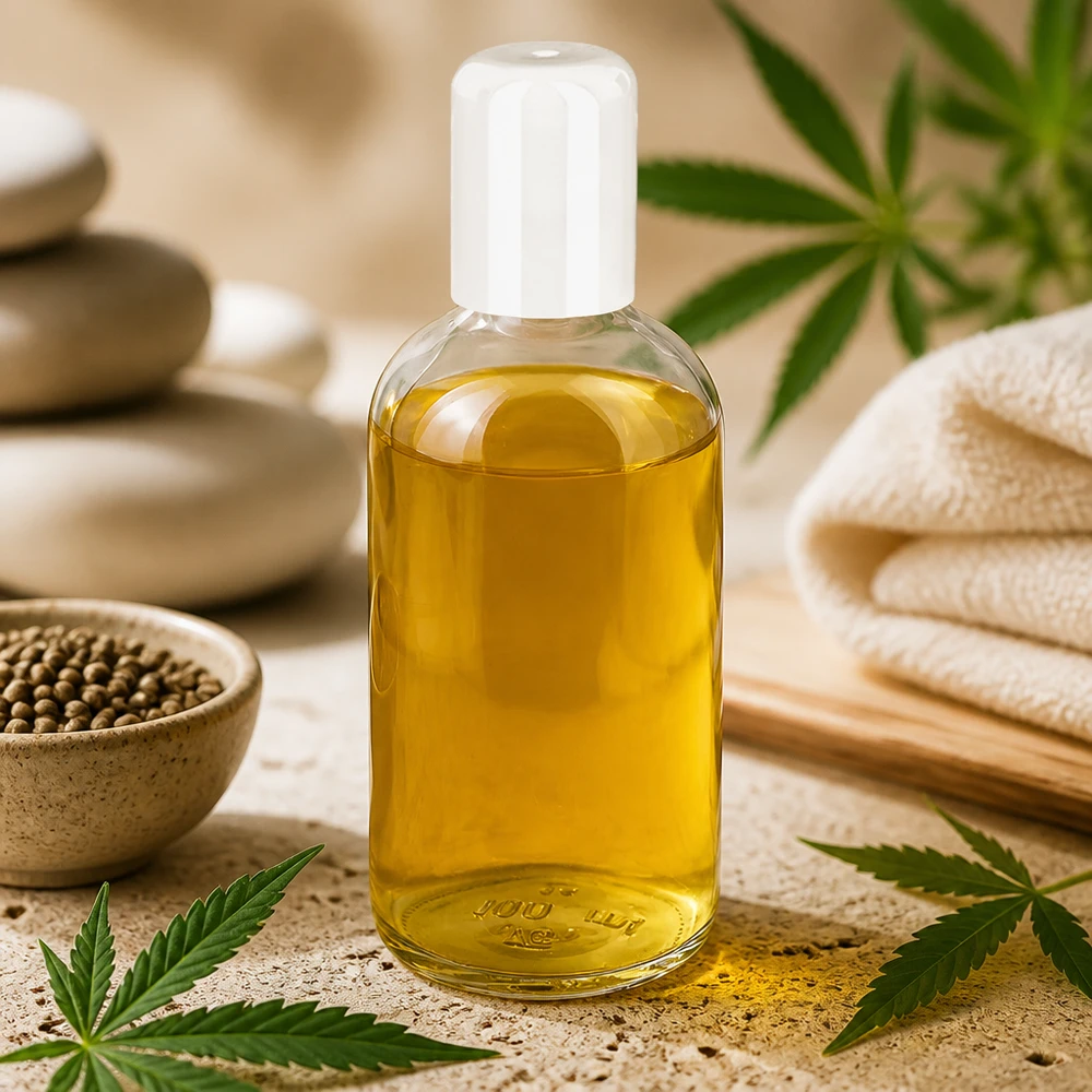 100 ml ClearLine UT18/100 roll-on-flaska fylld med gult hampolja, omgiven av cannabisblad
