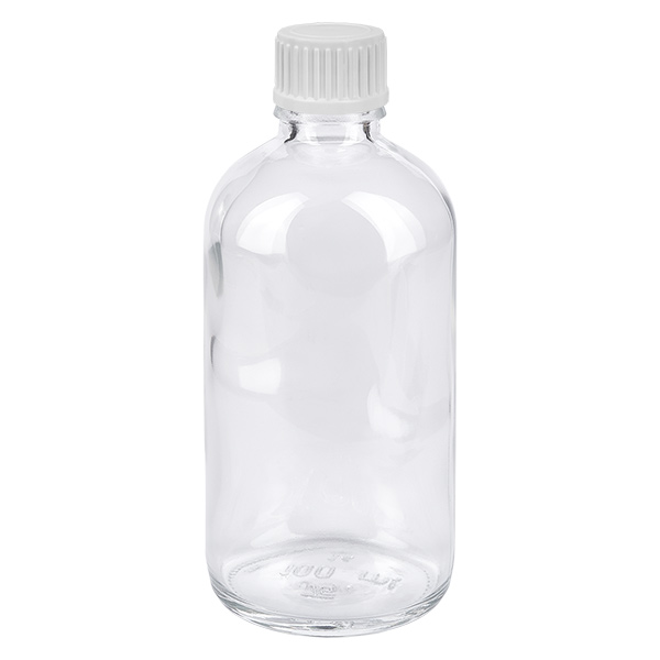 100ml Droppflaska 0.9mm vit standardförslutning ClearLine UT18/100 100 ml droppflaska i klart glas med vitt skruvlock, ClearLine UT18, för farmaceutiska tillämpningar