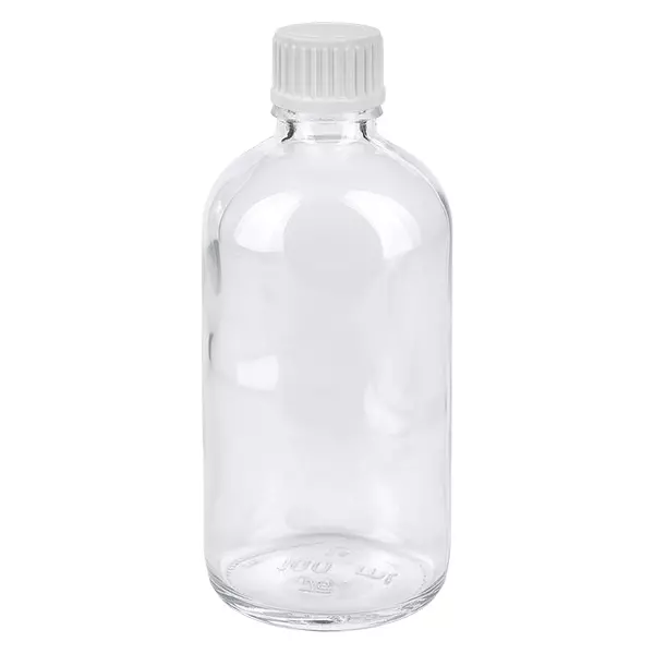 100ml Droppflaska 0.9mm vit standardförslutning ClearLine UT18/100 100 ml droppflaska i klart glas med vitt skruvlock, ClearLine UT18, för farmaceutiska tillämpningar