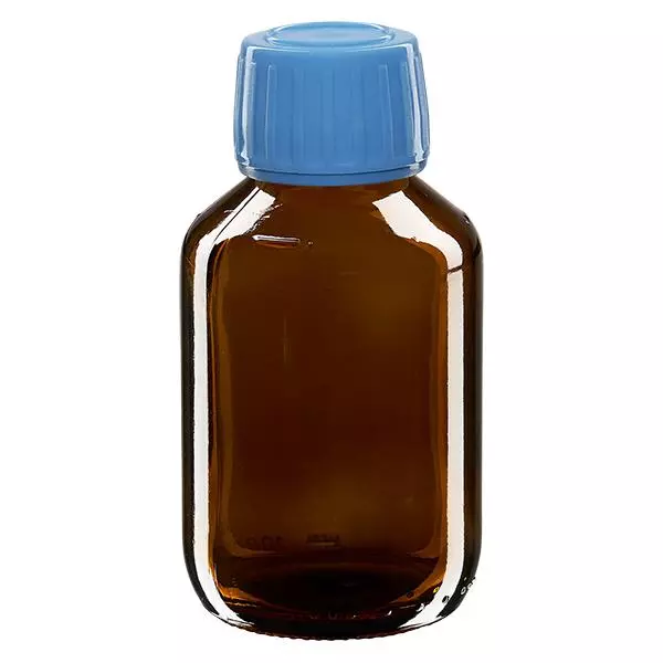 100 ml medicinflaska med brunt, blått lock med säkerhetsring ApoGlas 100 ml medicinflaska med brunt, blått lock med säkerhetsring ApoGlas