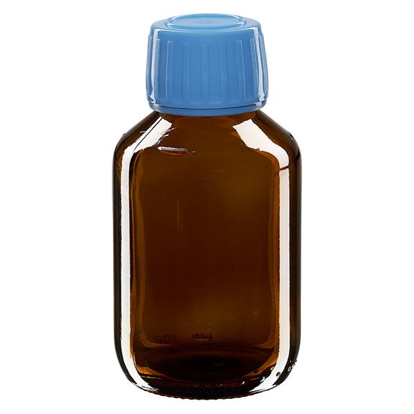 100 ml medicinflaska med brunt, blått lock med säkerhetsring ApoGlas 100 ml medicinflaska med brunt, blått lock med säkerhetsring ApoGlas