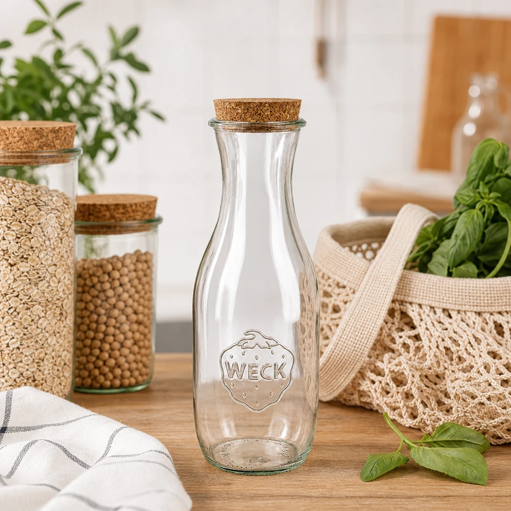 1062ml juiceflaska WECK RR60 med kork naturell WECK juiceflaska 1062ml RR60 med naturkork i hållbart kök med noll avfall bredvid förvaringsburkar och jutesäckar