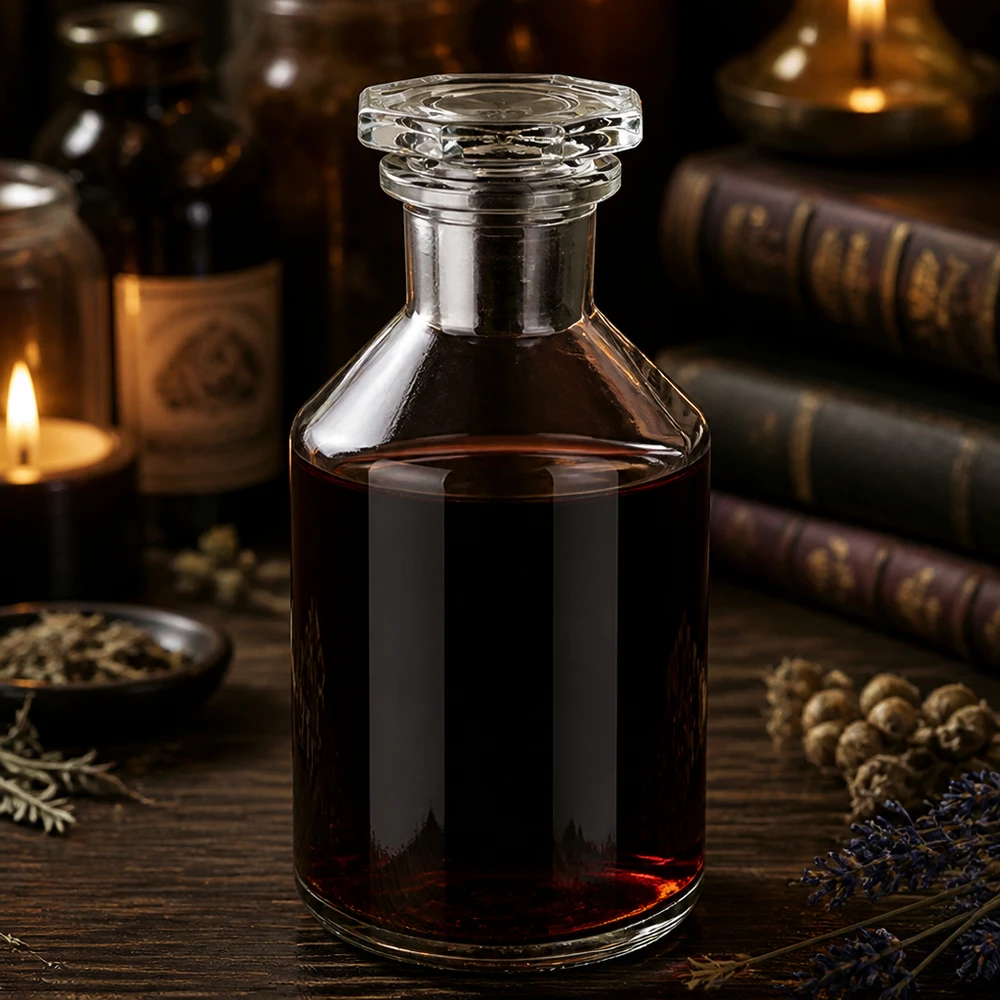 Mörk tinktur i en 50 ml Steilbrust-flaska, klar med facetterad glaspropp, i stearinljusets sken