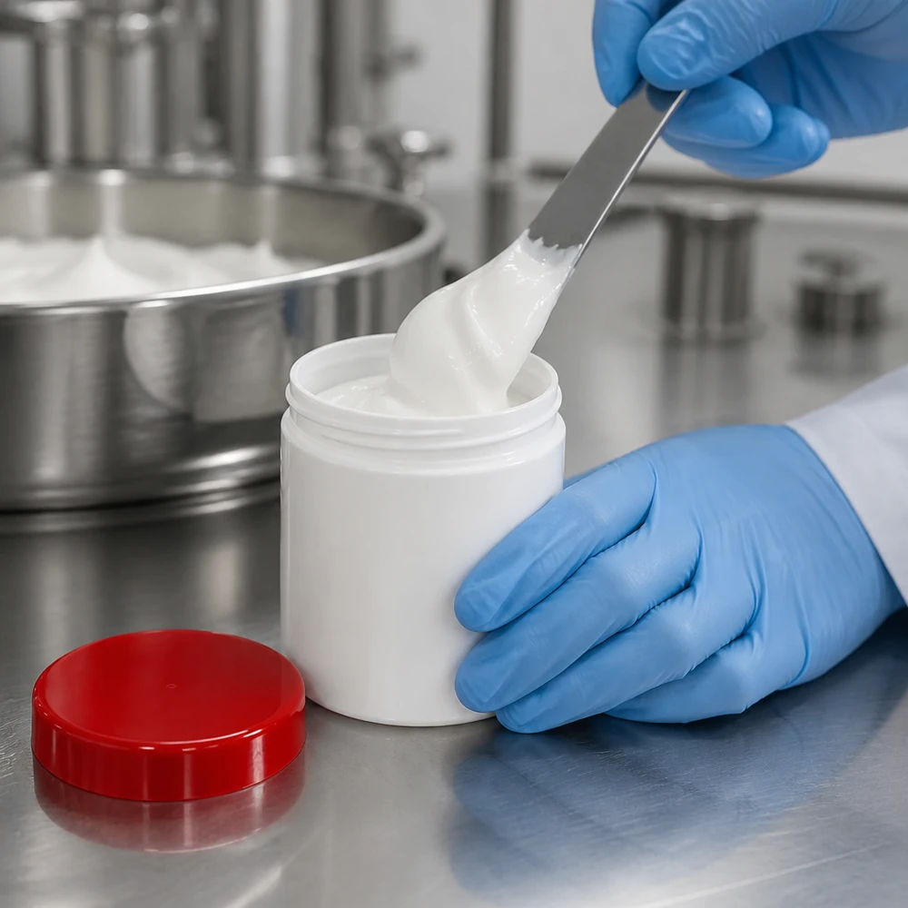 Salvburk 75g vit med rött skruvlock (polypropylen) Fyllning av en 75 g salvorburk av PP med medicinsk kräm i laboratoriet