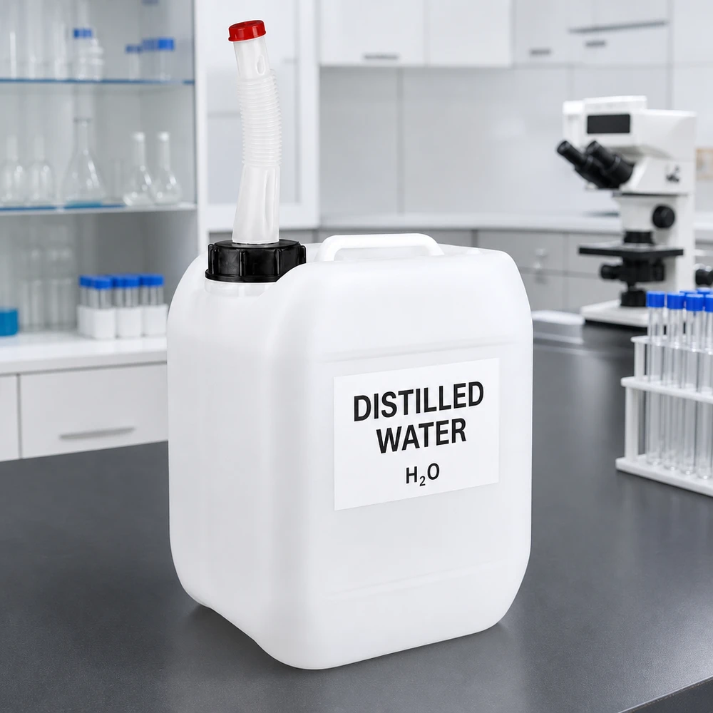 5-liters dunk med flexibelt utloppsrör 5-liters laboratoriekanister med destillerat vatten, etikett och böjbar hällpip