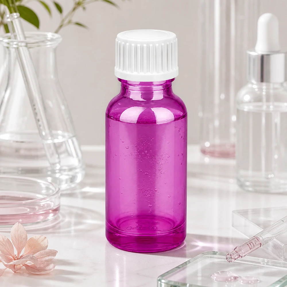 Kompakt 20 ml glasflaska i livfull lila för exakt dosering av serum och oljor