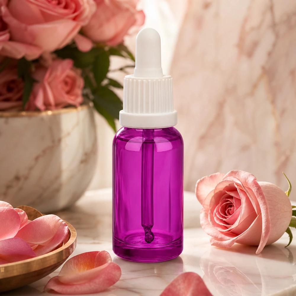 Elegant 20 ml pipettflaska i lila med vit droppare för skönhetsprodukter