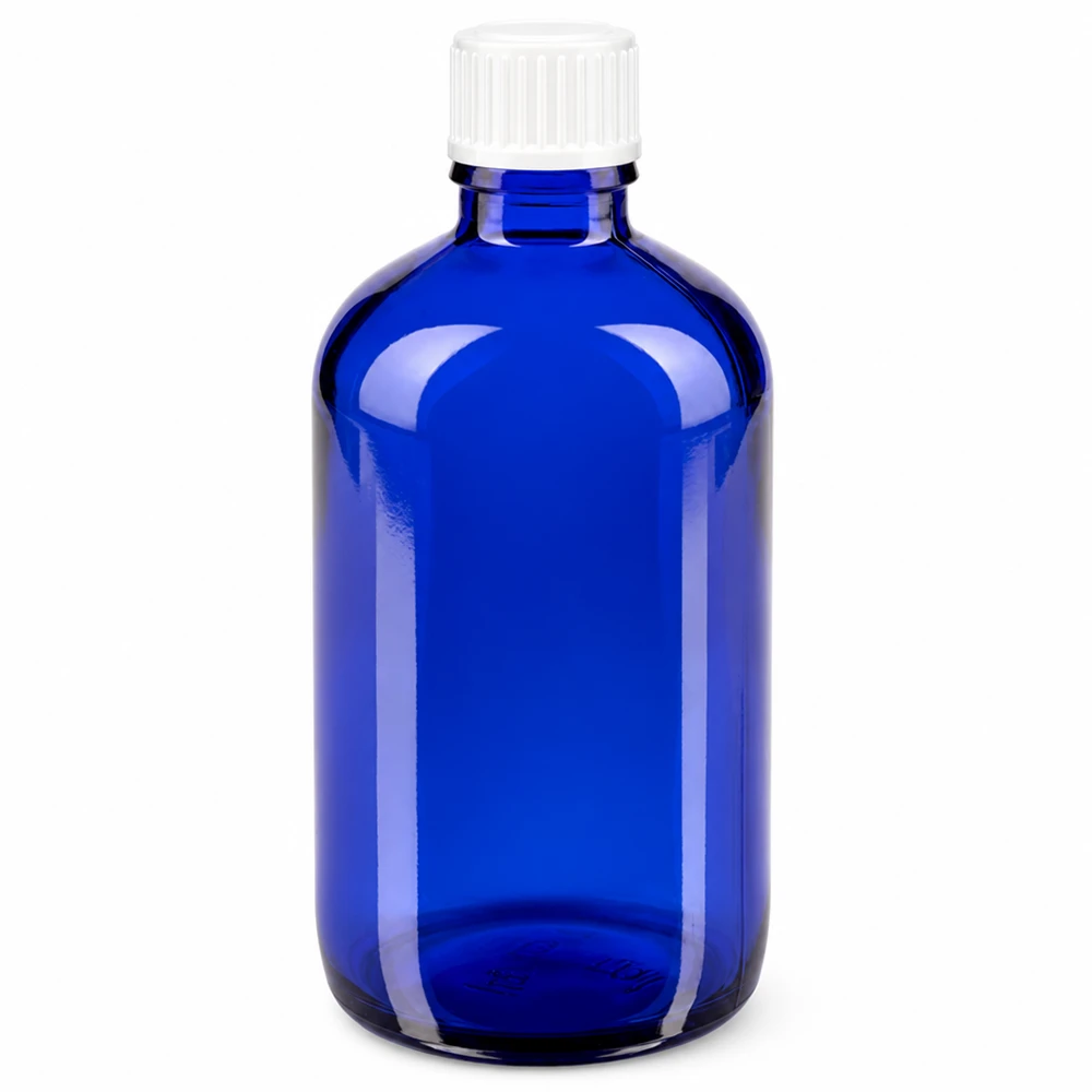 Apoteksflaska blå 100ml skruvkork vit globules standard 100 ml blå apotekarflaska i glas med vitt skruvlock, 3 mm standard