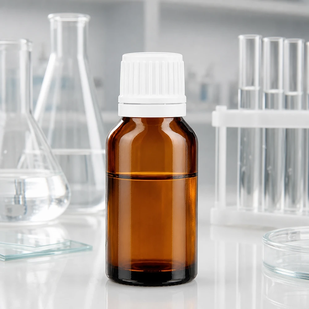 Apoteksflaska brun 15ml skruvkork vit med manipuleringssäker förslutning Brun glasflaska på 15 ml med barnsäker vit originalförslutning i laboratoriet