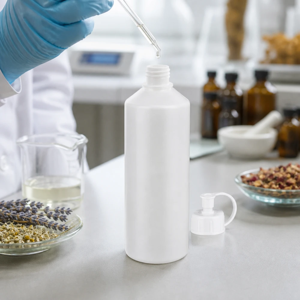 Vit 100 ml HDPE-flaska med avskruvad sprutkork bredvid medicinalväxter i ett laboratorium