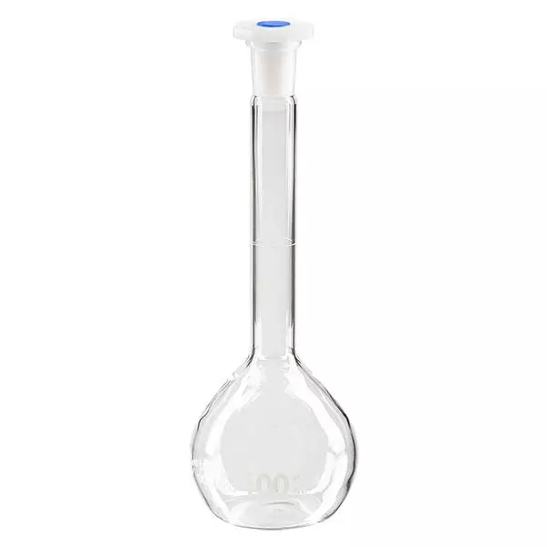Volymetrisk kolv 100 ml med standardslipad skarv och PEHD-propp Volymetrisk kolv 100 ml med standardslipad skarv och PEHD-propp