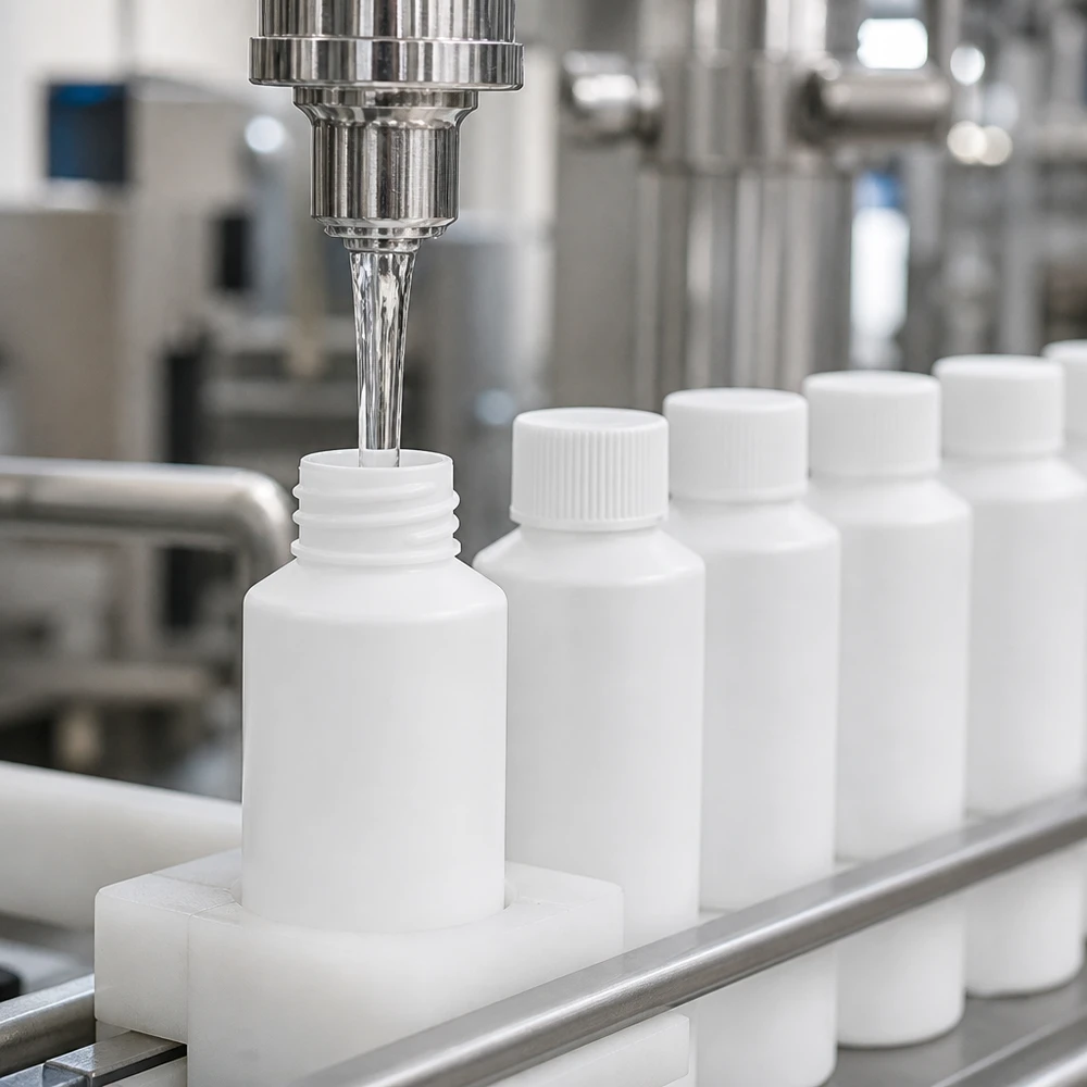 Apoteksflaska HDPE 50ml vit, med vitt skruvlock En automatisk fyllningsanläggning fyller vita 50 ml HDPE-apotekflaskor med säkerhetslock