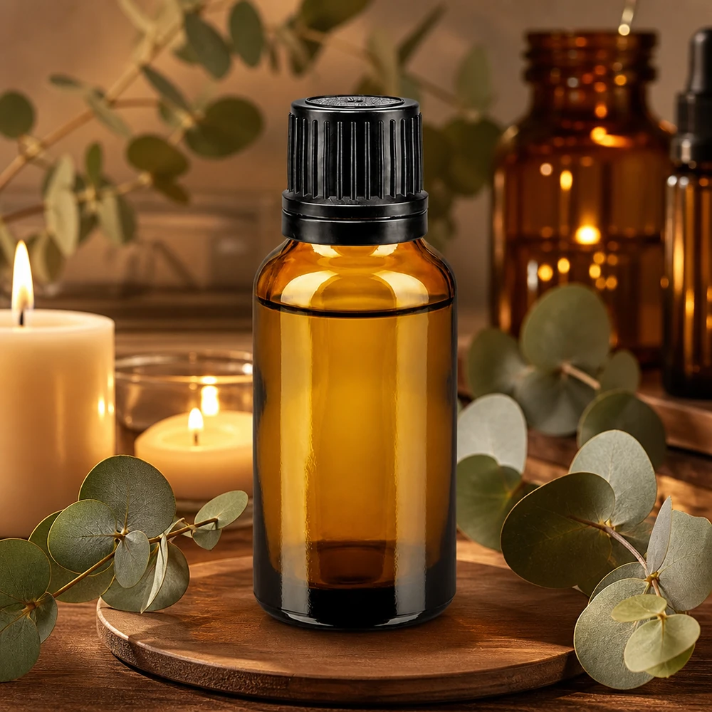 Apoteksflaska brun 20ml skruvkork svart hällring tamper-evident stängning 20 ml apotekerglas i brunt glas med svart originalförslutning för eteriska oljor