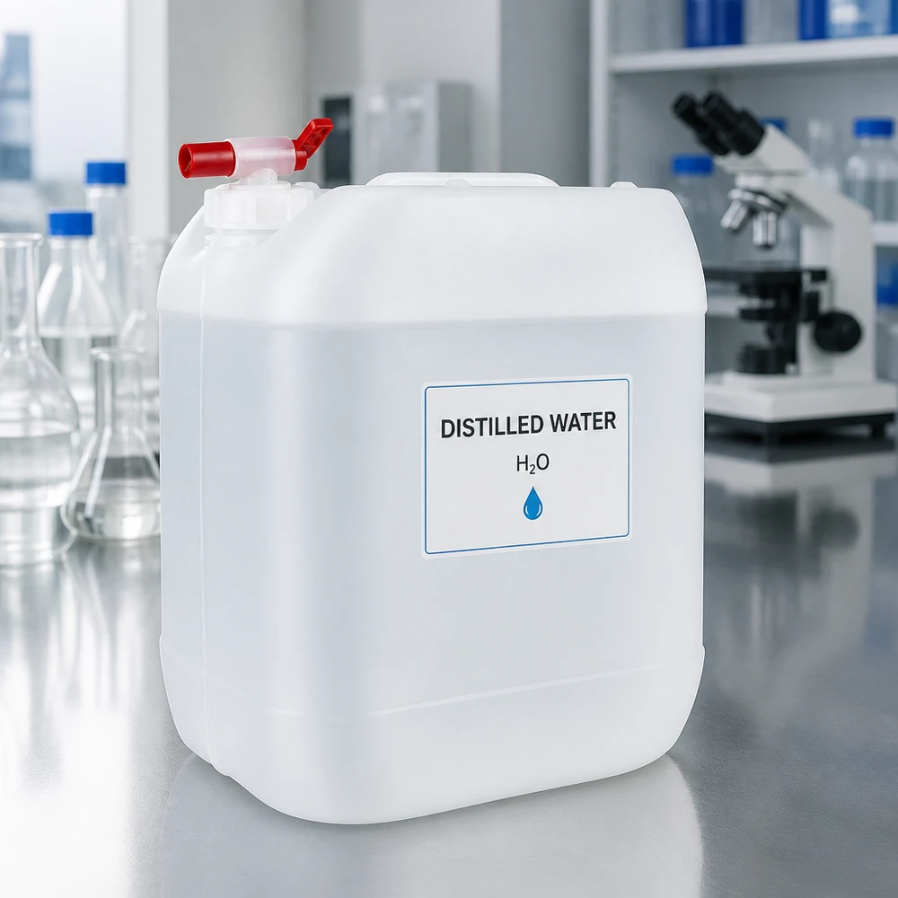 20 liters dunk med avtappningskran 20-liters laboratoriekanister med röd kran, fylld med destillerat vatten H₂O