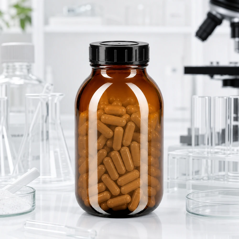 500 ml bärnstensfärgad glasflaska med stor öppning och tätt skruvlock för farmaceutiska tillämpningar