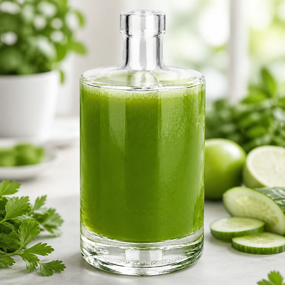 500 ml glasflaska Marie utan förslutning UNiTWIST® 500 ml glasflaska Marie fylld med grön smoothie omgiven av gurka och örter för inspiration till hälsosam dryck