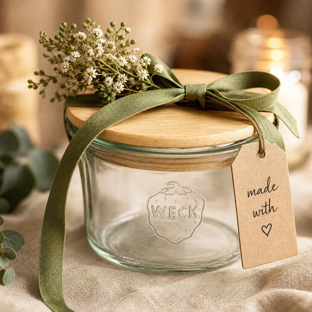 35ml Krossade glasögon WECK RR40 med trälock WECK mini mason jar 35ml med trälock som en presentidé med gröna bandblommor och Made with Love-tagg