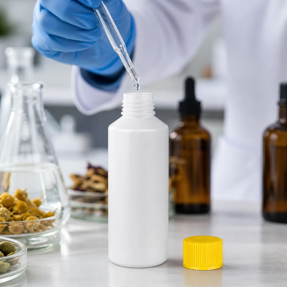 Apoteksflaska av HDPE, 100 ml, vit med gult skruvlock, i laboratoriet