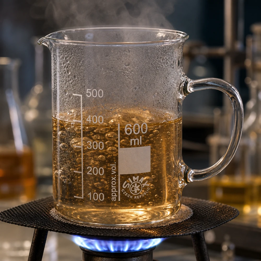Eppendorfglas 600 ml med handtag på en gasbrännare, med en kokande guldgul vätska och ångbildning
