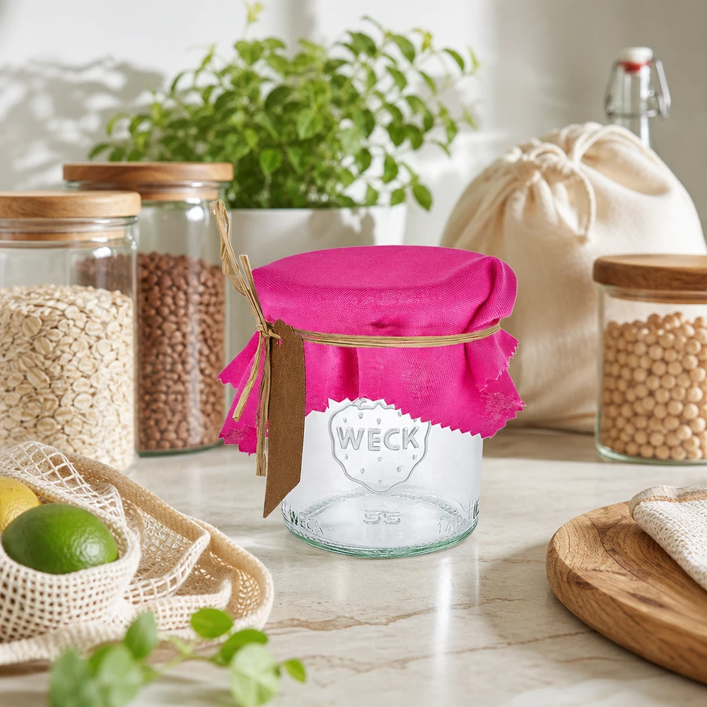 Rosa tygunderlägg 12cm kvadrat på burk i hållbart zero waste-kök med förvaringsburkar