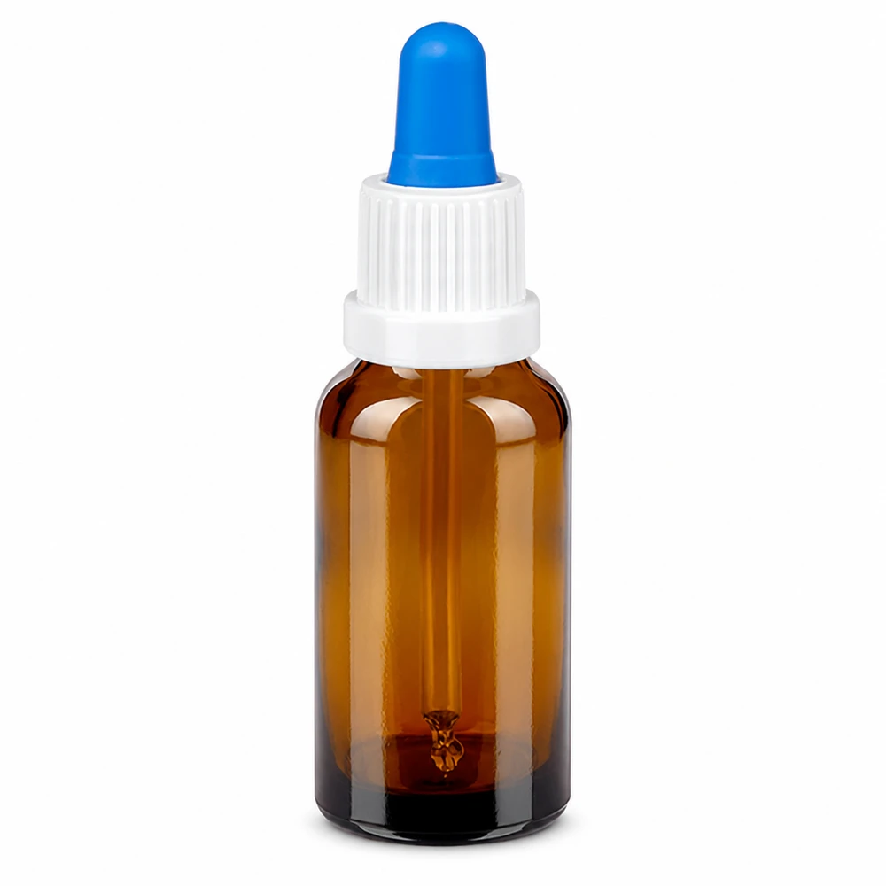 20 ml pipettflaska i bärnstensfärgat glas med vitt lock och blå pipett för exakt dosering