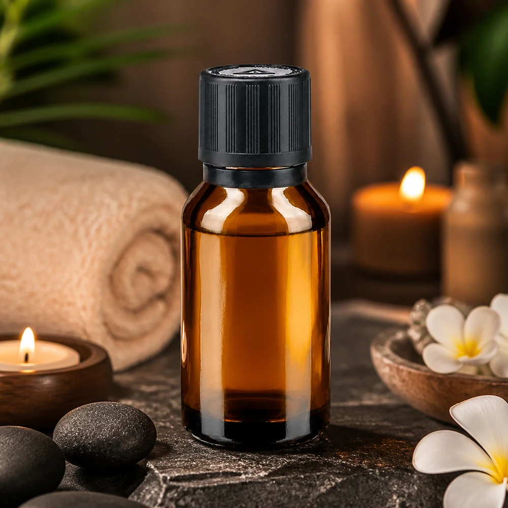 Apotekarflaska i brunt glas, 15 ml, med svart skruvlock, blandad med massagestenar och ljus