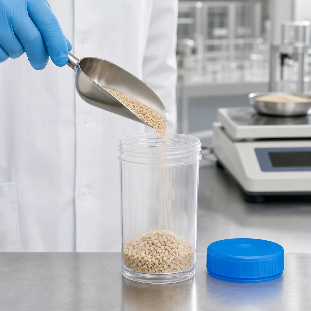 Universal plastburk (patho-kärl) 50ml Laboratorieteknikern häller det korniga provet med en metallskopa i en genomskinlig burk med vid hals, 50 ml