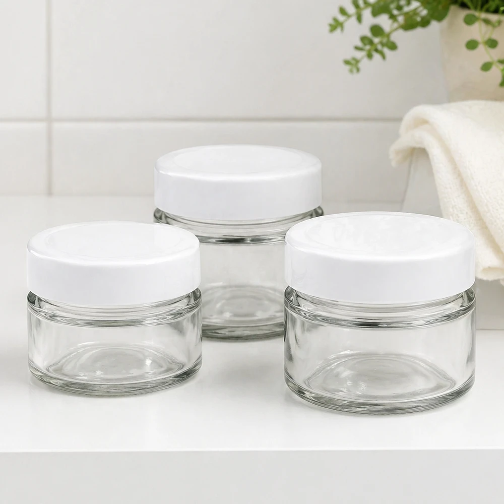 80 ml rund burkuppsättning med BasicSeal-lock i badrummet - eleganta glasburkar för kosmetika och badrumsredskap