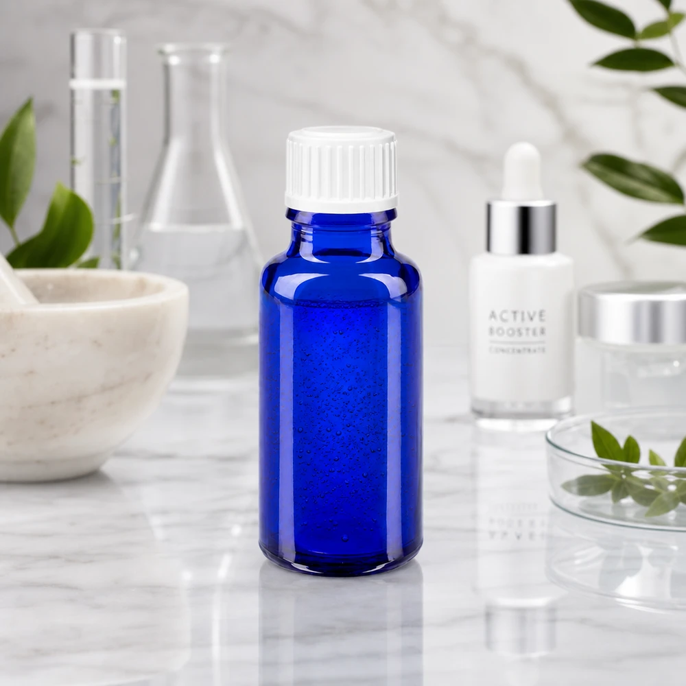 Apoteksflaska blå 20ml skruvlock vita globuler standard Liten blå apoteksflaska på 20 ml av högkvalitativt borosilikatglas med vitt lock