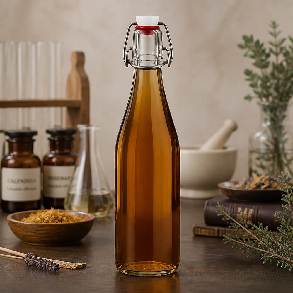 500ml glasflaska + svängbar topp PVC UNiTWIST 500ml Glasflasche Bügelverschluss amber braun apotheker Design mit Naturkräutern Heilpflanzen vintage Küche nostalgisch