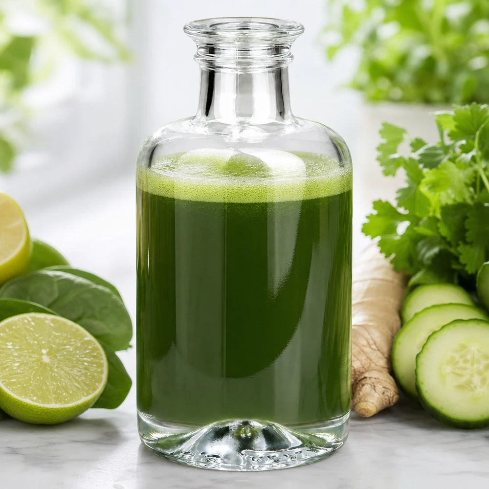 100 ml apoteksflaska Sofia utan lock UNiTWIST® 100 ml Sofia glasflaska fylld med grön grönsaksjuice tillsammans med gurka, lime, ingefära och örter på en vit bakgrund