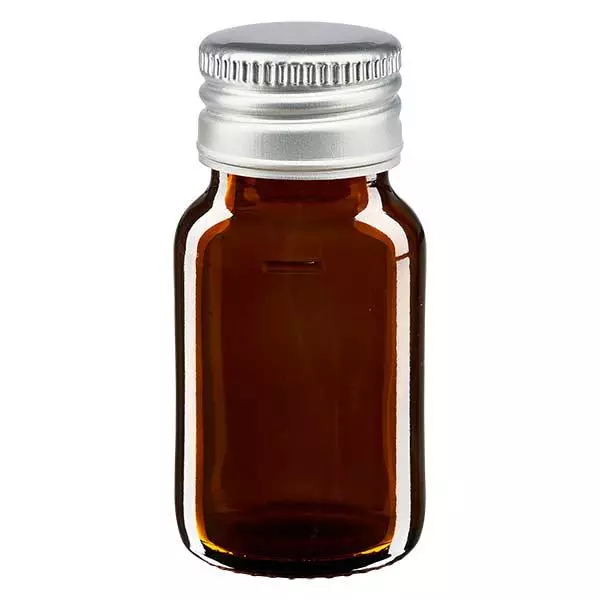 30 ml medicinflaska brun, med silverfärgat aluminiumlock ApoGlas 30 ml medicinflaska brun, med silverfärgat aluminiumlock ApoGlas