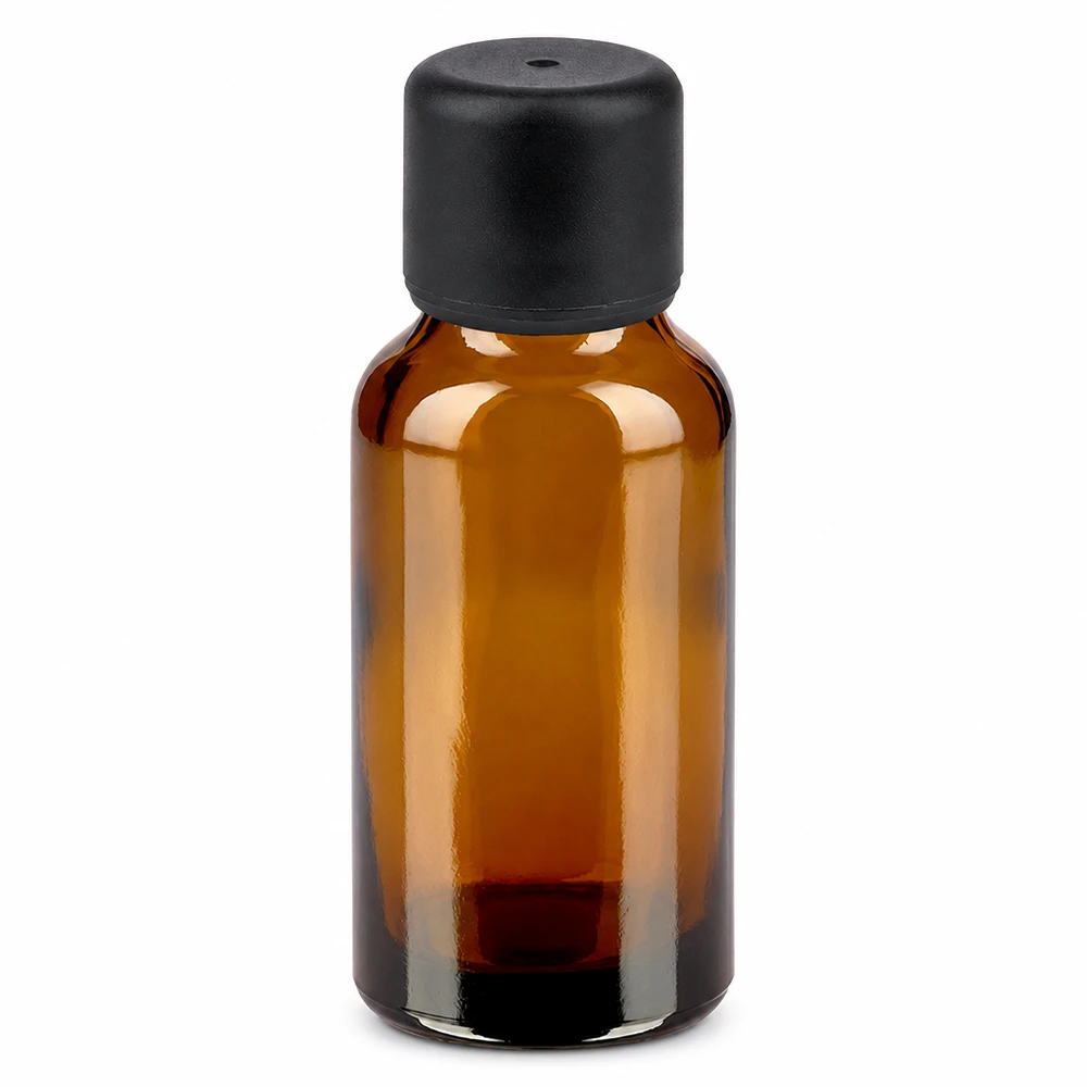 20 ml brun glasflaska med svart lock för eteriska oljor och kosmetika