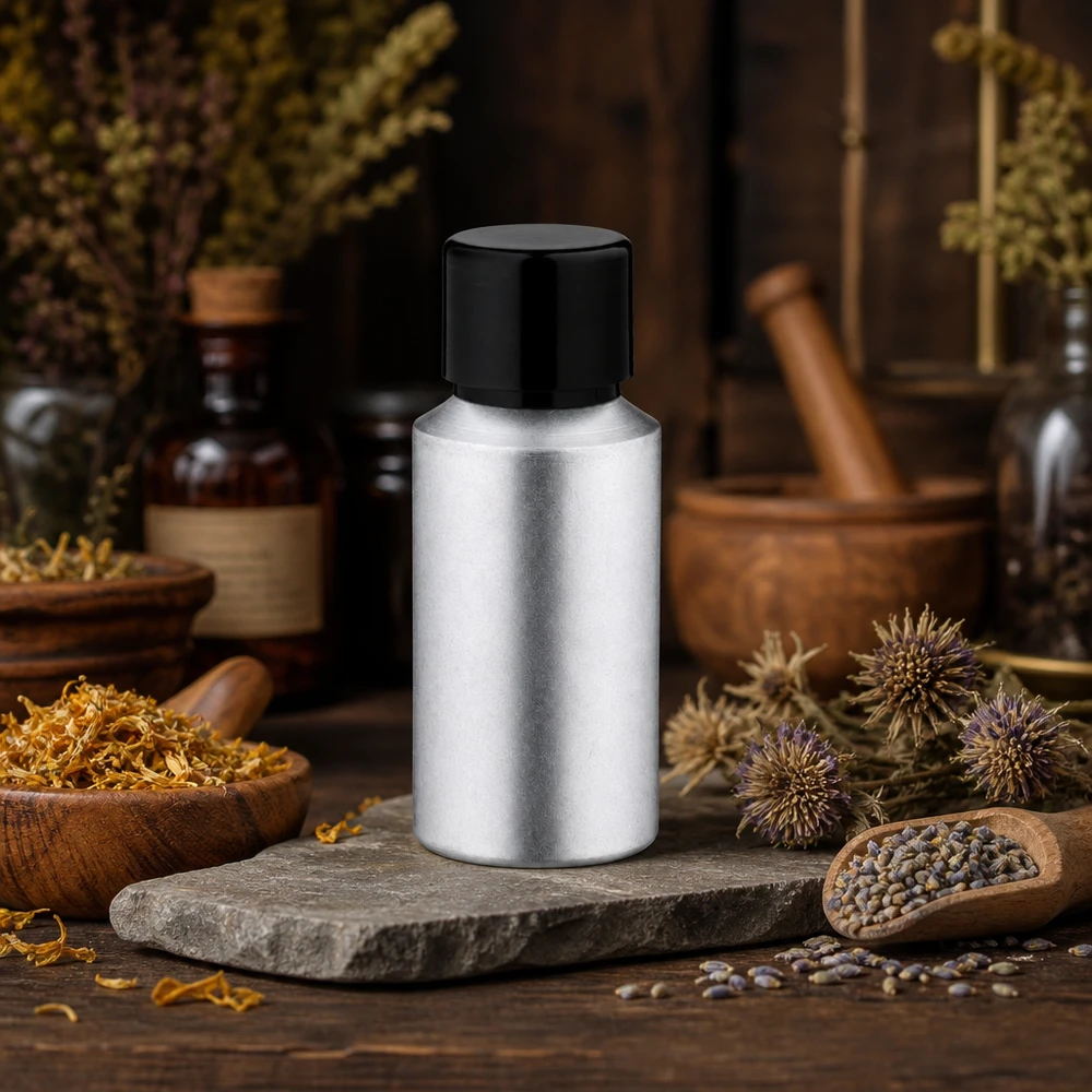 Högkvalitativ, färgad 30 ml aluminiumflaska med svart lock för naturläkemedel och växtbaserade oljor