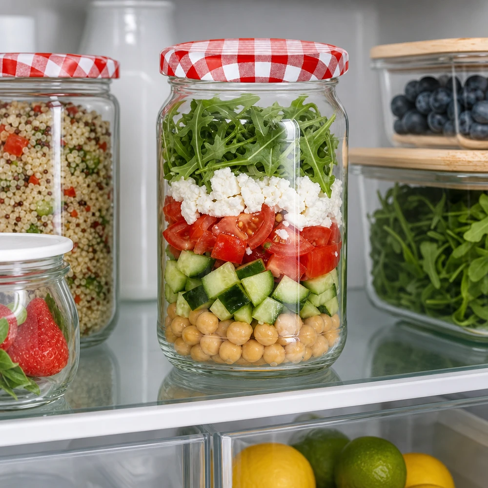 1062ml rund burk + BasicSeal-lock röd/vit UNiTWIST 1062ml Rundglas mit rot-weiß kariertem Deckel als Meal-Prep Salatglas im Kühlschrank mit Schichtsalat und Kichererbsen